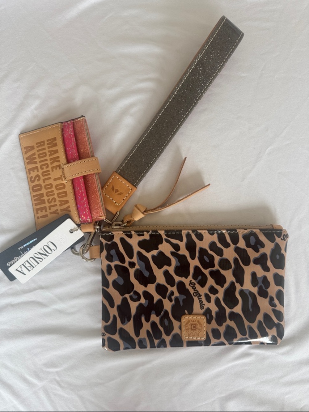 Consuela Combi Leopard Print Wristlet with Tan Accents and Pink Cardholder